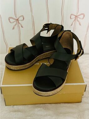 Michael Kors Dark Olive Leather Espadrille Wedge Sandals